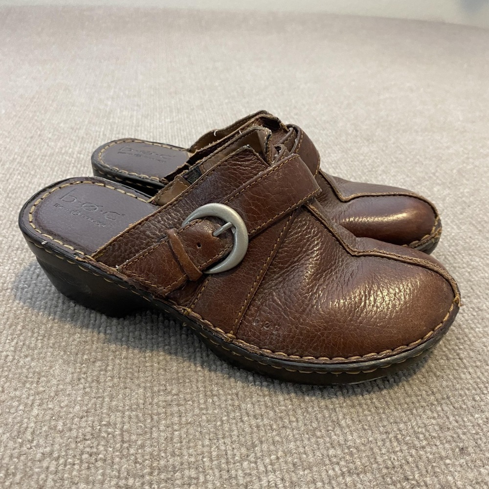 B.o.c Born Concept Clog Shoes Womens Size 8 Brown Leather Buckle Slip On Comfort